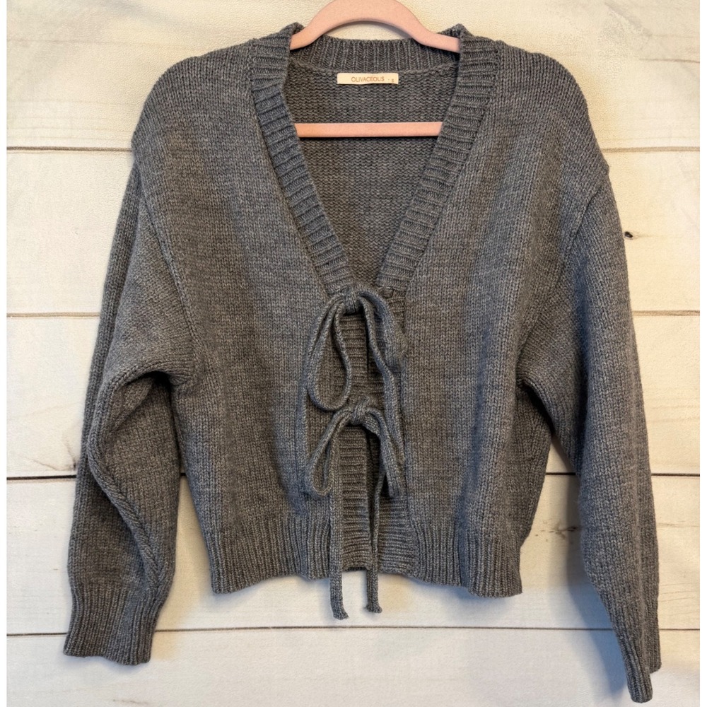 Olivaceous Gray Tie Front Wool Blend Cropped Cardigan Sweater JT2024-139 Small